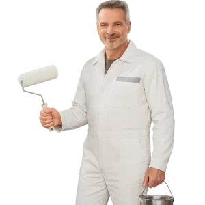 Pintor de Los Pintores Almeria profesional con mono blanco y rodillo de pintura