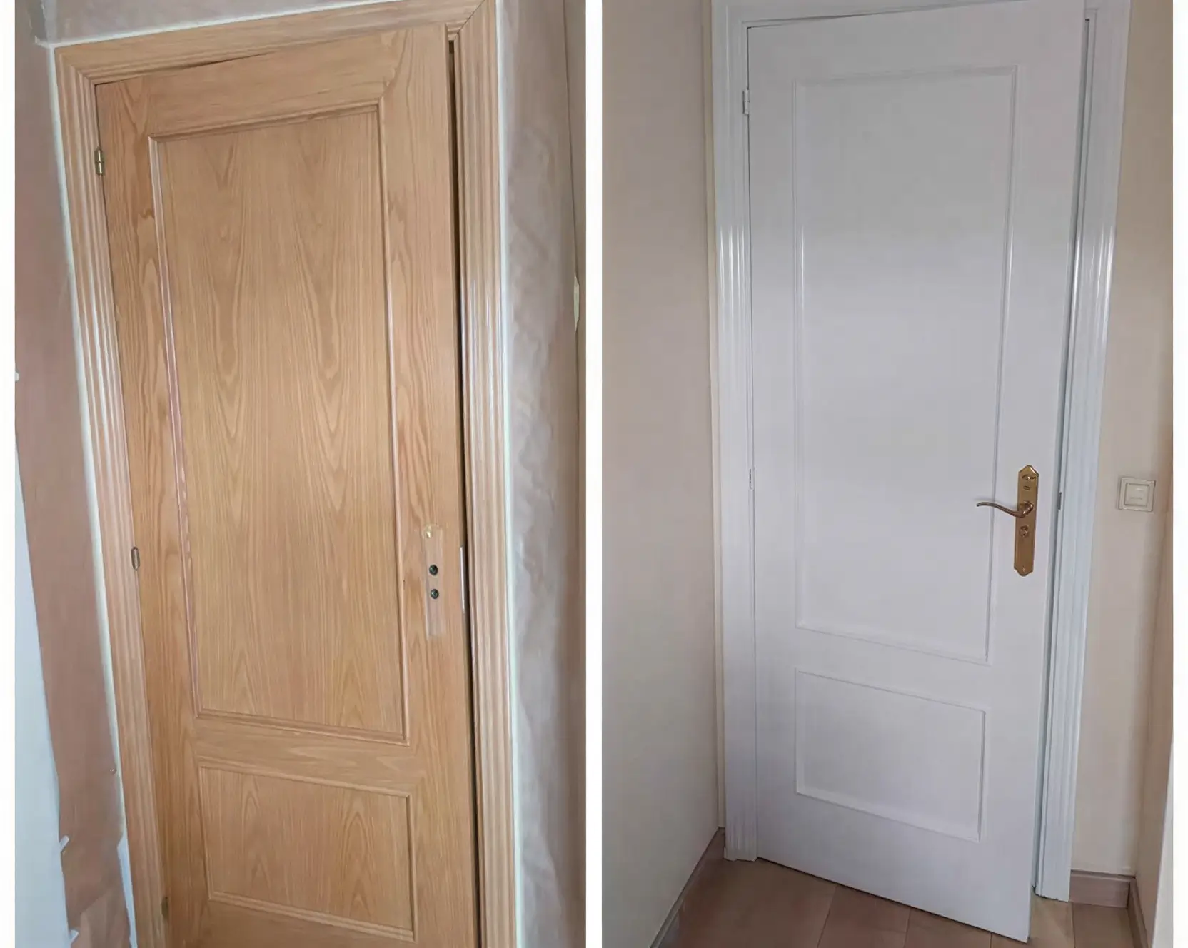 Antes y después de lacar puerta de madera en blanco por Los pintores Almería