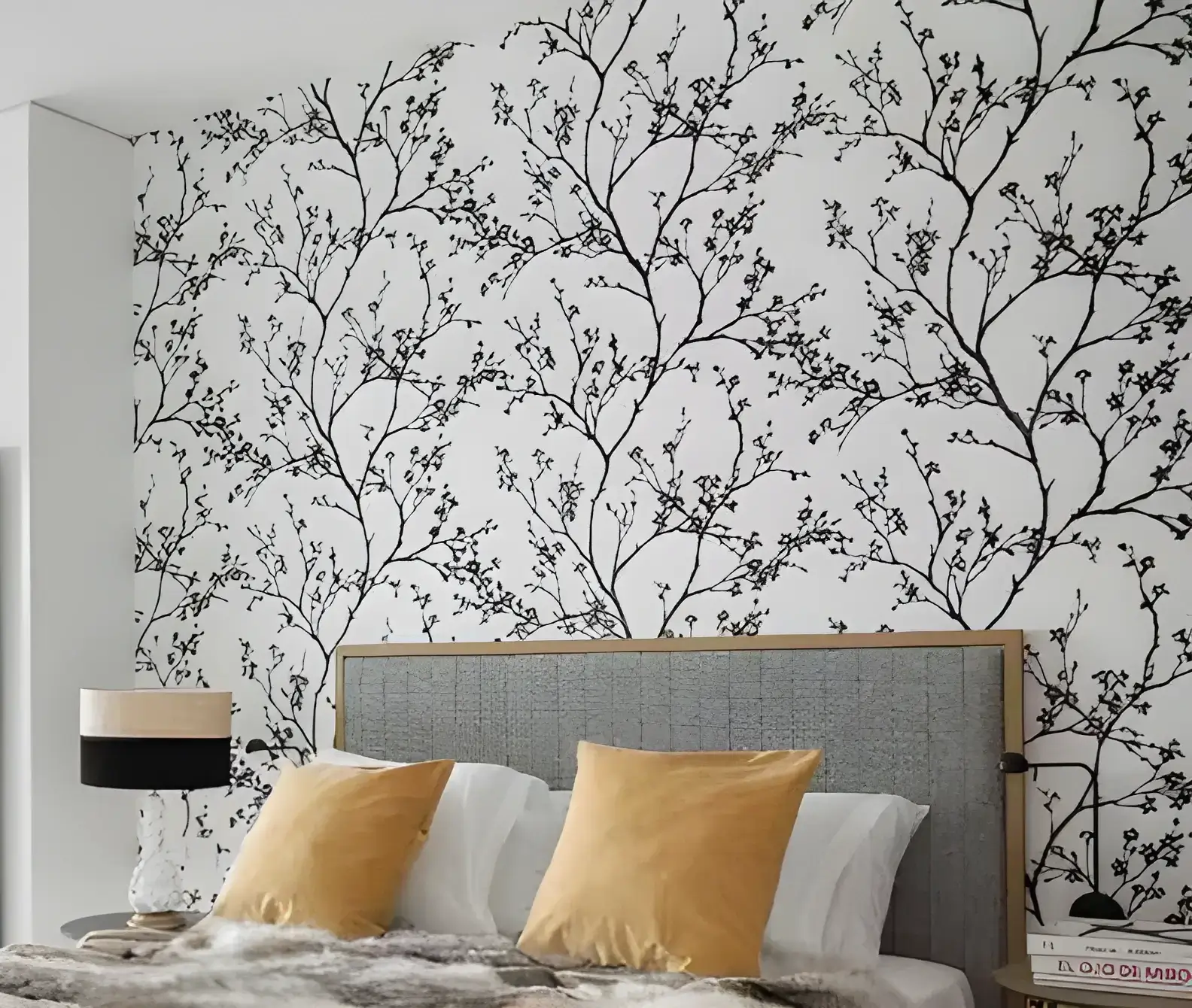 Los pintores Almería instalando papel pintado de ramas en cabecero de dormitorio moderno