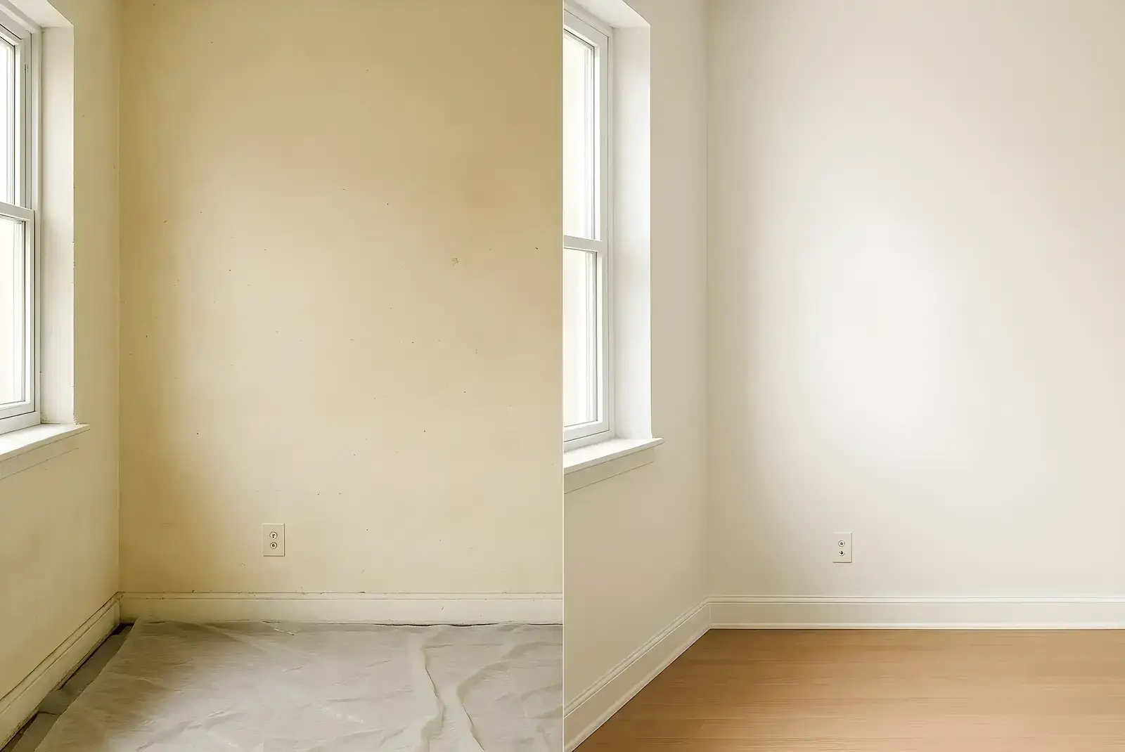 Antes y después de pintura interior en salón, trabajo de Los pintores Almería con paredes renovadas